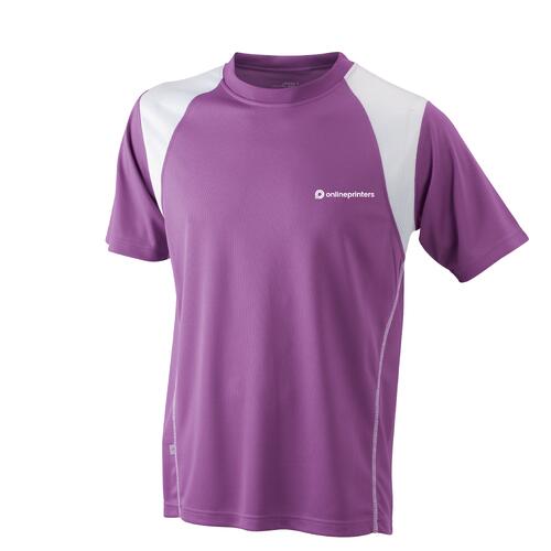 Violettes und wei�es Polyester-Laufshirt f�r Herren mit kurzen �rmeln.