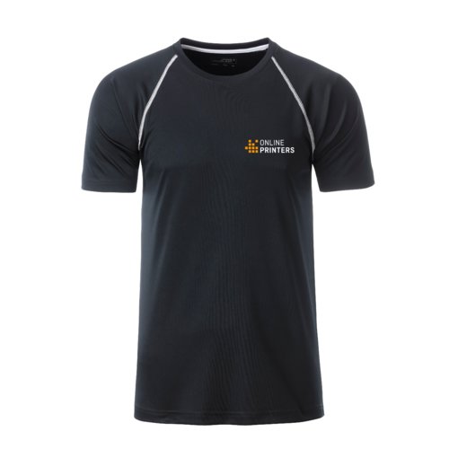 Schwarz-weies Polyester T-Shirt fr Herren mit kurzen rmeln.