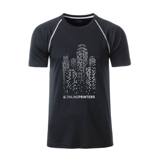 Schwarz-weies Sport-T-Shirt aus Polyester fr Herren mit kurzen rmeln.