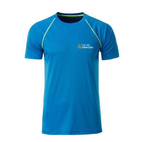 Blaues Polyester T-Shirt mit kurzen rmeln.