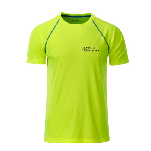 Neongelbes/Blaues Polyester T-Shirt fr Herren mit kurzen rmeln.