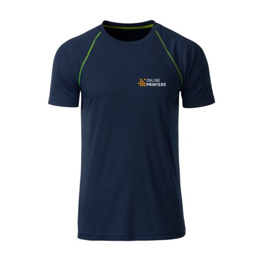 Marineblaues Polyester T-Shirt fr Herren mit kurzen rmeln.
