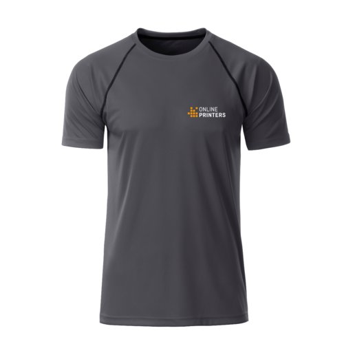 Dunkelgraues Polyester T-Shirt fr Herren mit kurzen rmeln.