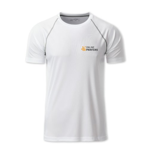 Weies Polyester T-Shirt fr Herren mit kurzen rmeln.