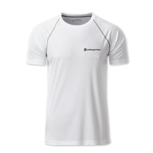 Wei�es Polyester T-Shirt f�r Herren mit kurzen �rmeln.