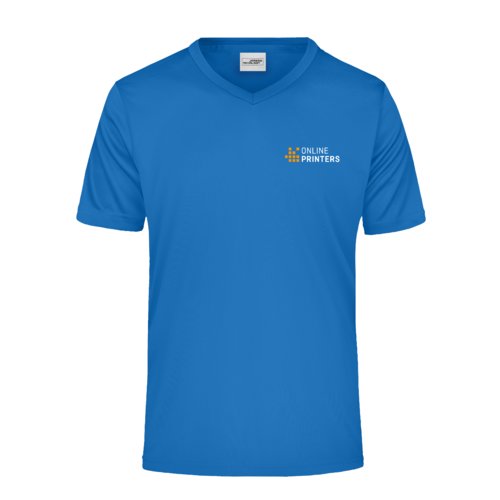 Royalblaues Polyester V-Shirt fr Herren mit kurzen rmeln.