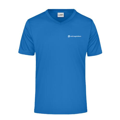 Royalblaues Polyester V-Shirt f�r Herren mit kurzen �rmeln.