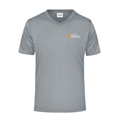 Grau meliertes Polyester V-Shirt fr Herren.