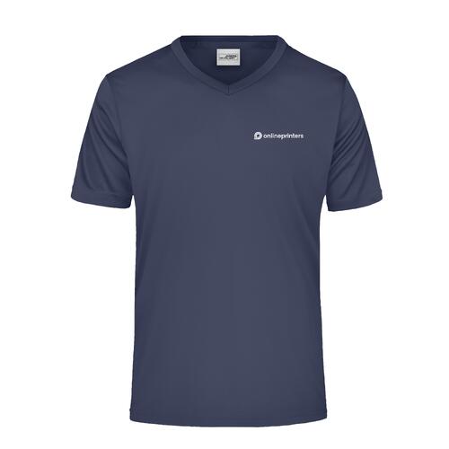 Schwarzblaues Polyester V-Shirt mit kurzen �rmeln.