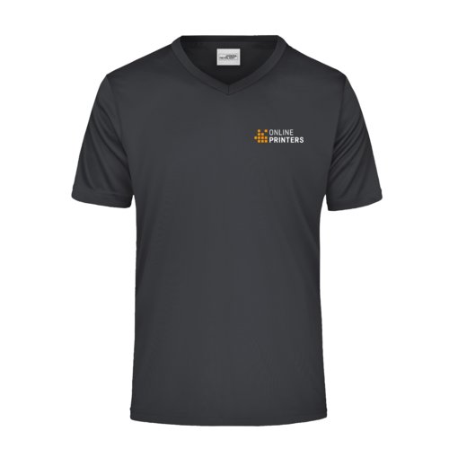 Schwarzes Polyester V-Ausschnitt T-Shirt mit kurzen rmeln.