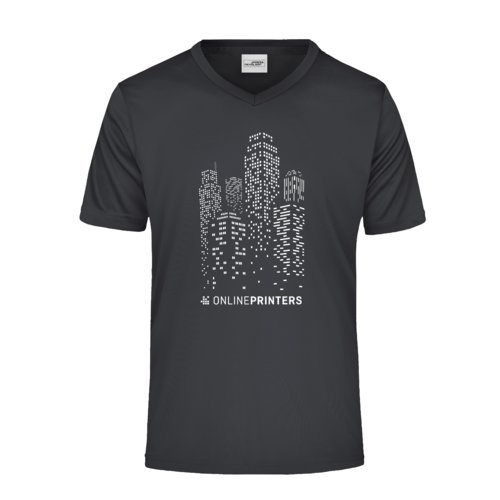 Schwarzes Polyester V-Shirt fr Herren mit kurzen rmeln.