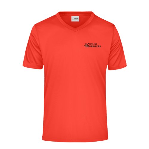 Rotes Polyester V-Shirt mit kurzen rmeln.
