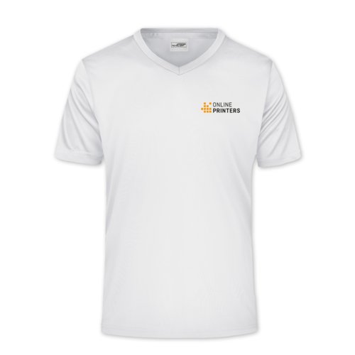 Weies Polyester V-Shirt mit kurzen rmeln.