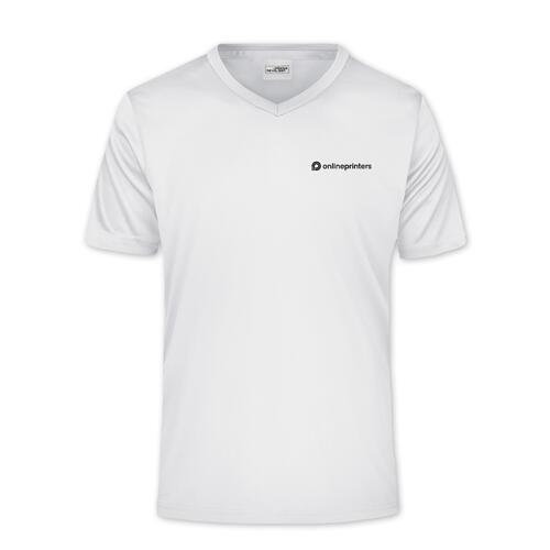 Wei�es Polyester V-Shirt mit kurzen �rmeln.