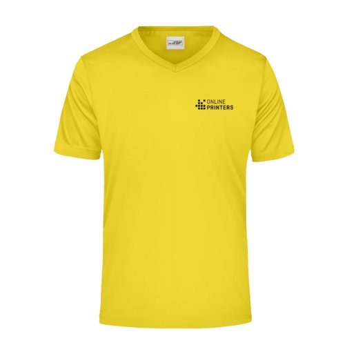 Gelbes Polyester V-Shirt mit kurzen rmeln.