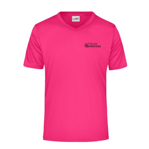 Pinkes Polyester V-Shirt fr Herren mit kurzen rmeln.