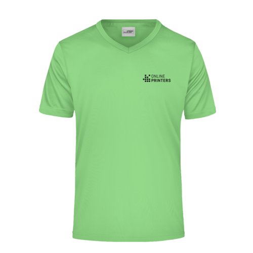 Apfelgrnes Polyester V-Shirt mit kurzen rmeln.
