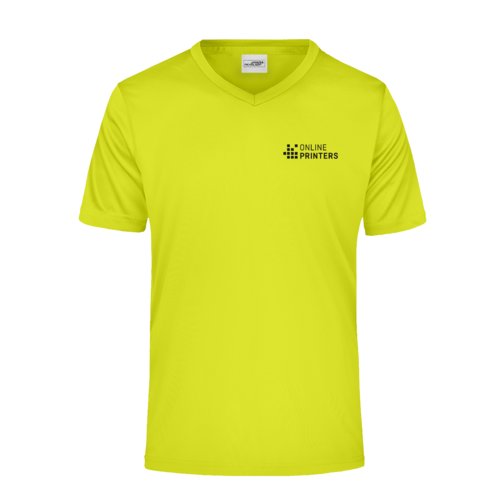 Neongelbes Polyester V-Shirt fr Herren mit kurzen rmeln.