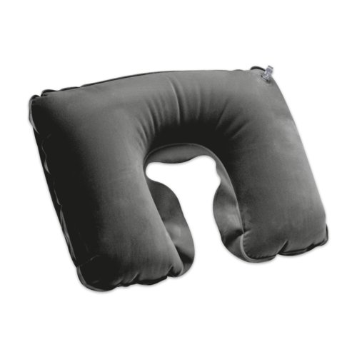 Graues Nackenkissen aus Stoff mit aufblasbarem Design.