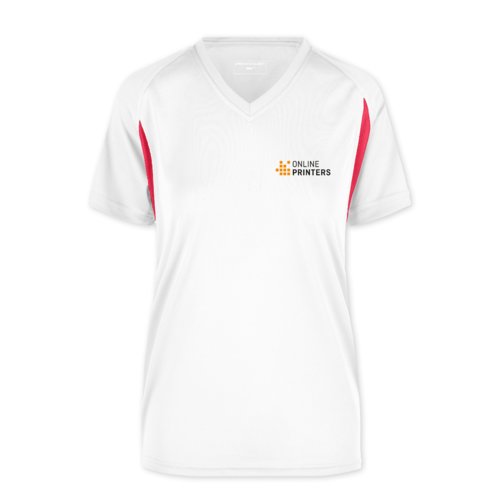 Weies und rotes Funktionsshirt aus Polyester fr Damen mit V-Ausschnitt.