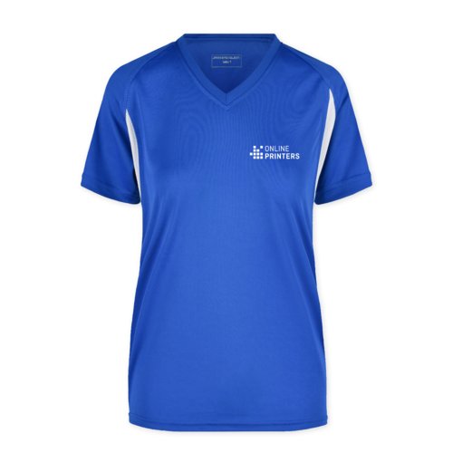 Blaues Funktionsshirt aus Polyester fr Damen mit V-Ausschnitt.