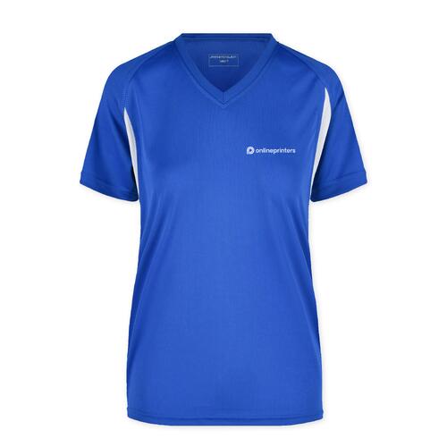 Blaues Funktionsshirt aus Polyester f�r Damen mit V-Ausschnitt.