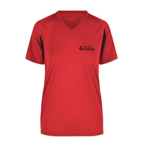 Rotes Funktionsshirt aus Polyester fr Damen mit V-Ausschnitt und kurzen rmeln.
