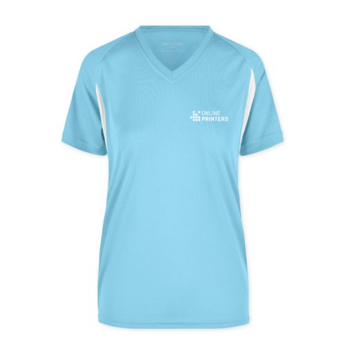 Hellblaues Funktionsshirt aus Polyester mit V-Ausschnitt und kurzen rmeln.