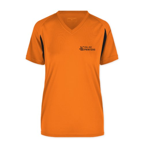 Orangefarbenes Funktionsshirt aus Polyester fr Damen mit V-Ausschnitt und kurzen rmeln.