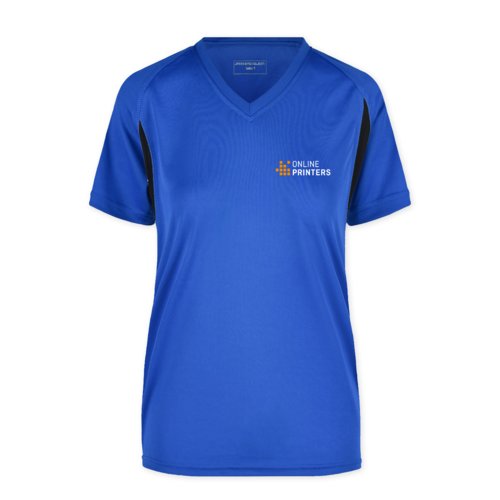 Royalblaues Funktionsshirt aus Polyester fr Damen mit V-Ausschnitt.