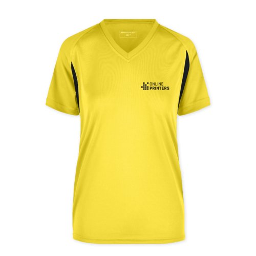 Gelbes Funktionsshirt aus Polyester mit V-Ausschnitt und kurzen rmeln.