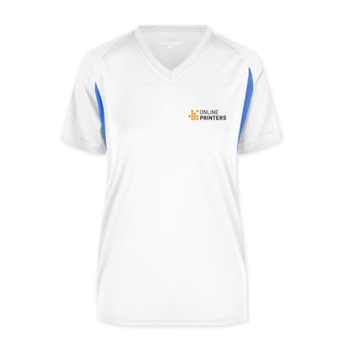 Weies und blaues Funktionsshirt aus Polyester fr Damen mit V-Ausschnitt.