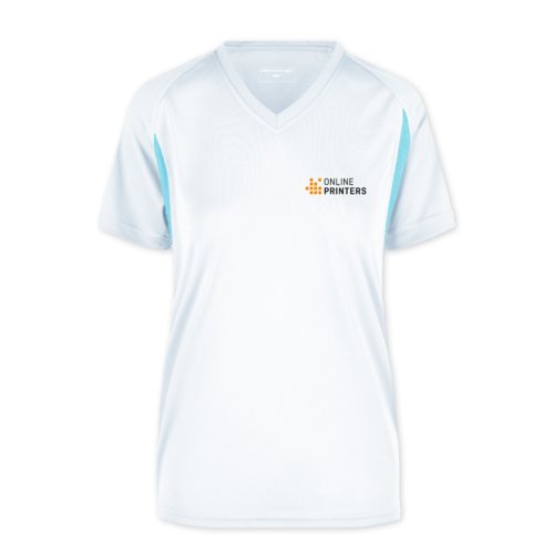 Weies und hellblaues Funktionsshirt aus Polyester mit V-Ausschnitt fr Damen.