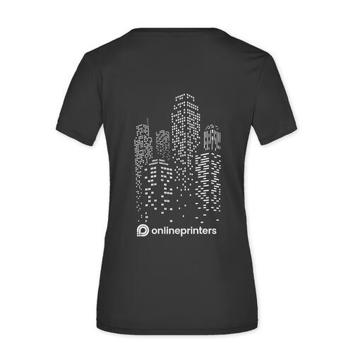 Schwarzes Damen T-Shirt aus Polyester mit kurzen �rmeln.