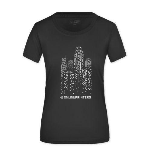 Schwarzes Polyester-T-Shirt fr Damen mit kurzen rmeln.