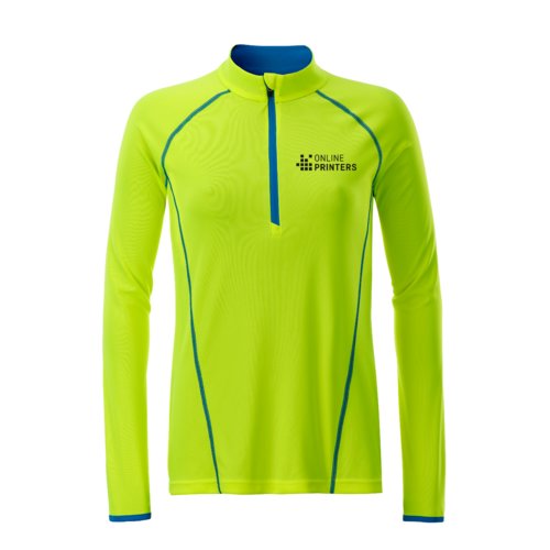 Neongelbes Polyester Langarmshirt fr Damen mit Reiverschluss.