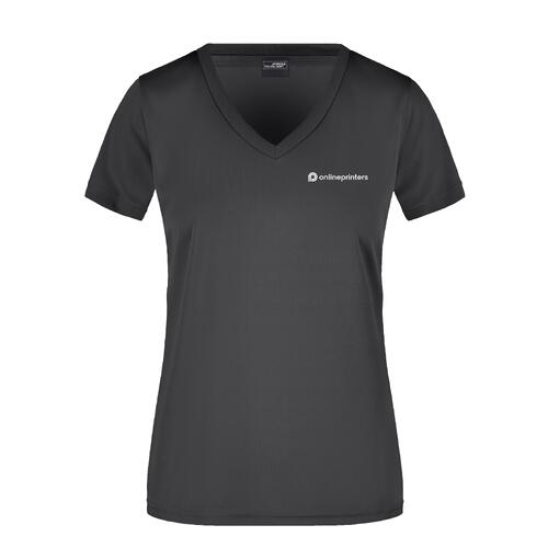 Schwarzes Polyester V-Ausschnitt Shirt f�r Damen.