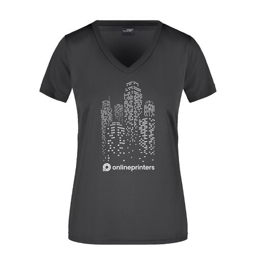 Schwarzes V-Ausschnitt Damen-Shirt aus Polyester.
