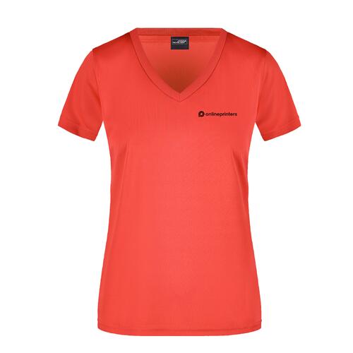 Rotes Polyester V-Ausschnitt Damen T-Shirt mit kurzen �rmeln.