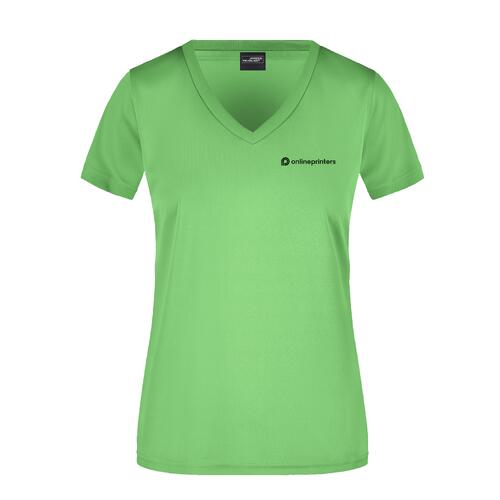 Apfelgr�nes Polyester-T-Shirt mit V-Ausschnitt f�r Damen.