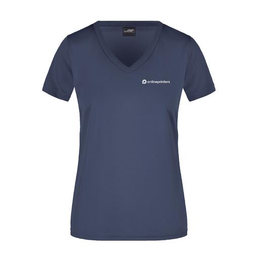 Schwarzblaues V-Ausschnitt Damen Shirt aus Polyester.