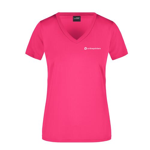 Pinkes Polyester Damen T-Shirt mit V-Ausschnitt und kurzen �rmeln.