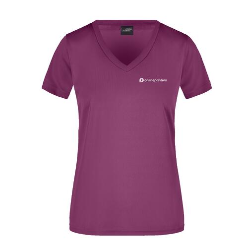 Violettes Polyester-T-Shirt mit V-Ausschnitt f�r Damen.