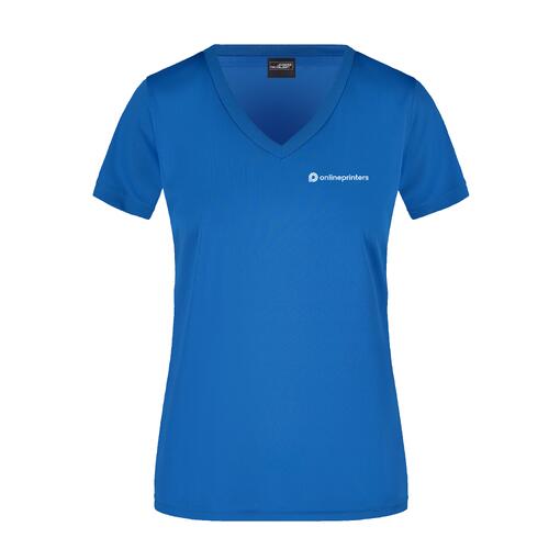 K�nigsblaues Polyester-T-Shirt f�r Damen mit V-Ausschnitt und kurzen �rmeln.