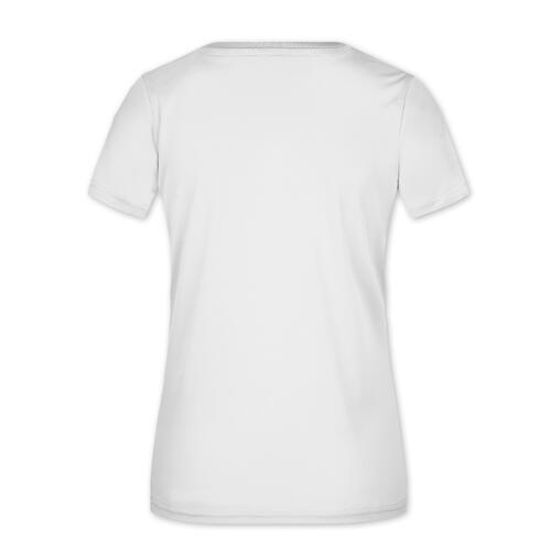 Wei�es Polyester Damen T-Shirt mit V-Ausschnitt und kurzen �rmeln.