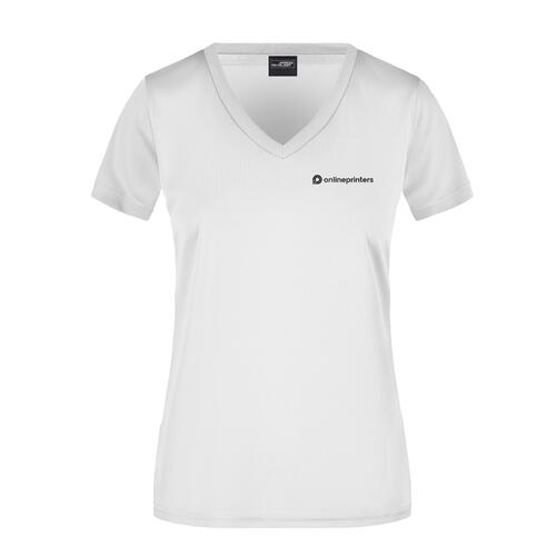 Wei�es Polyester-T-Shirt f�r Damen mit V-Ausschnitt und kurzen �rmeln.
