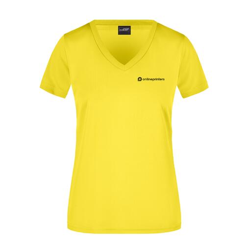 Gelbes Polyester-Shirt mit V-Ausschnitt f�r Damen.
