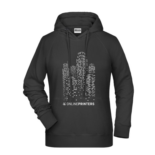 Schwarzer Damen-Hoodie aus Baumwollmischgewebe mit Kapuze und Kordelzug.