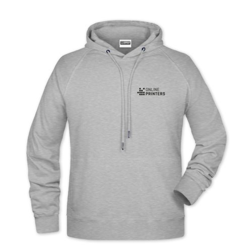 Grau melierter Hoodie aus Baumwollmischung mit Kapuze und Kordelzug.