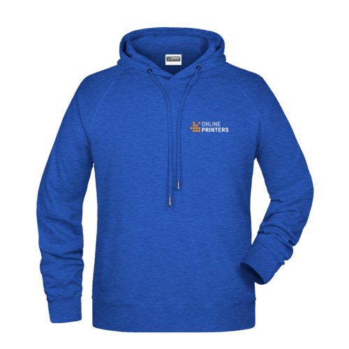 Blau melierter Kapuzenpullover aus Baumwollmischgewebe mit Kordelzug.